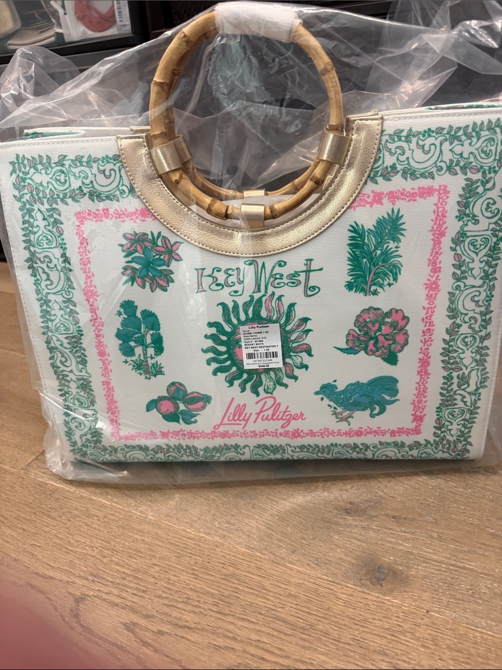 Lilly Pulitzer White Tote with Green & Pink Key West Print nwt